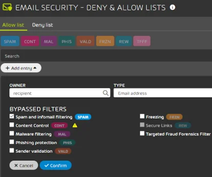 Inception - Adding a Sender to the Allow or Deny Lists in Hornet Email Security