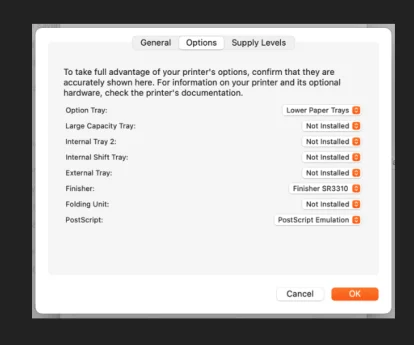 Inception - Adding options to MacOS Driver for Paper Trays (3&4) and Staple Finishers